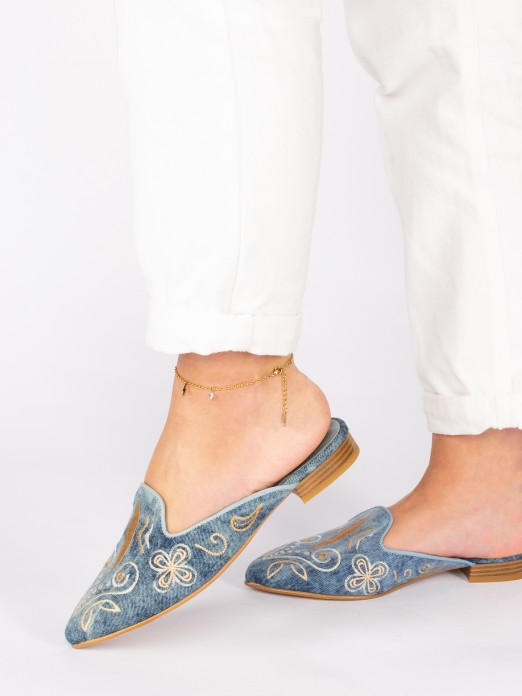 Embroidered Jeans Mule