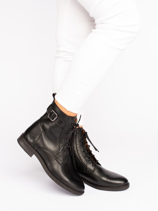 Leather  Lace-up up Ankle Boots with Buckle