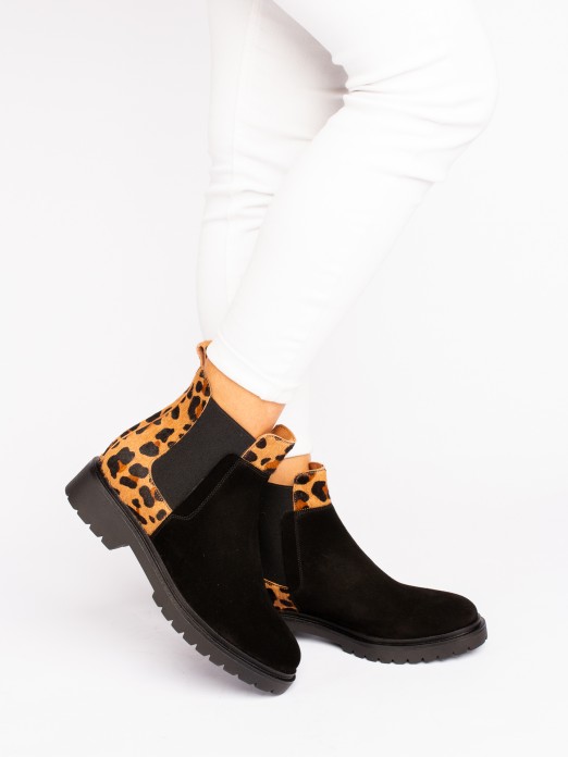 Animal-Print Suede Ankle Boots with Elastic