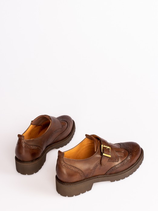 Track Sole Leather Shoes with Buckle