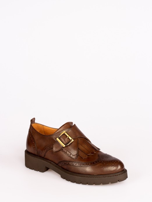 Track Sole Leather Shoes with Buckle