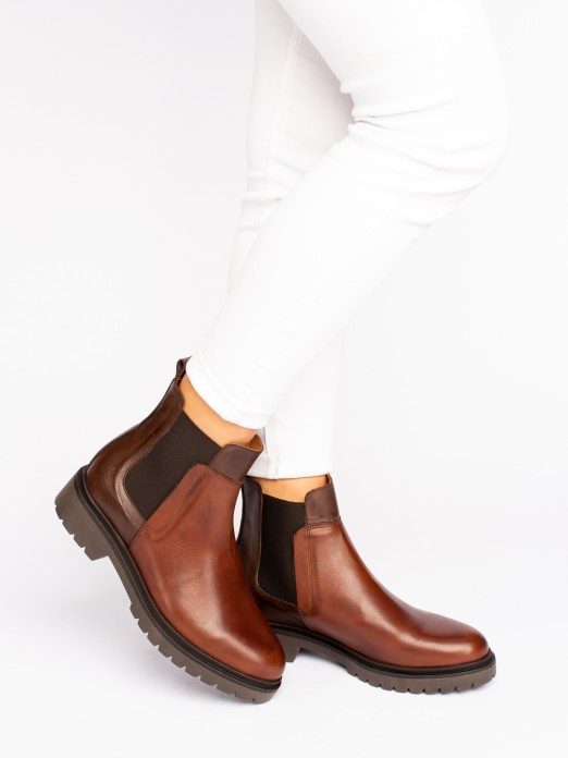 Bicolor Leather Ankle Boots with Elastic
