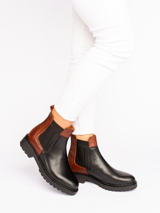 Bicolor Leather Ankle Boots with Elastic