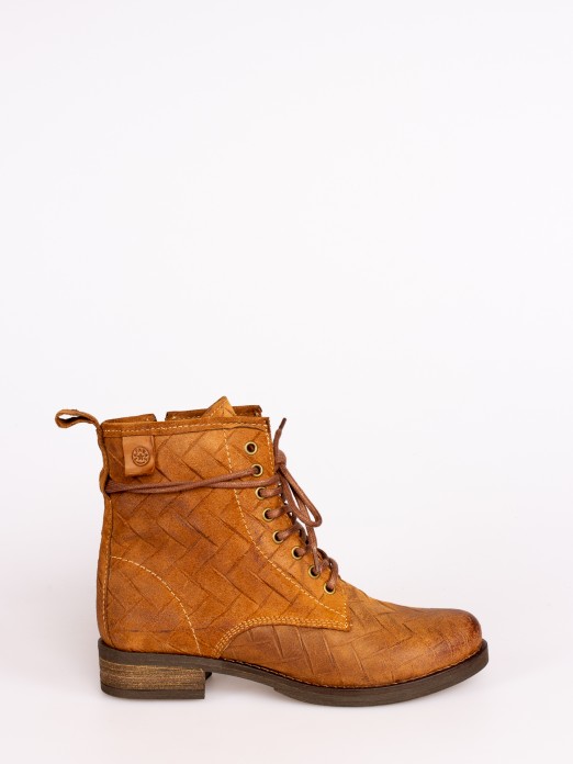 Lace-up Engraved Suede Ankle Boots