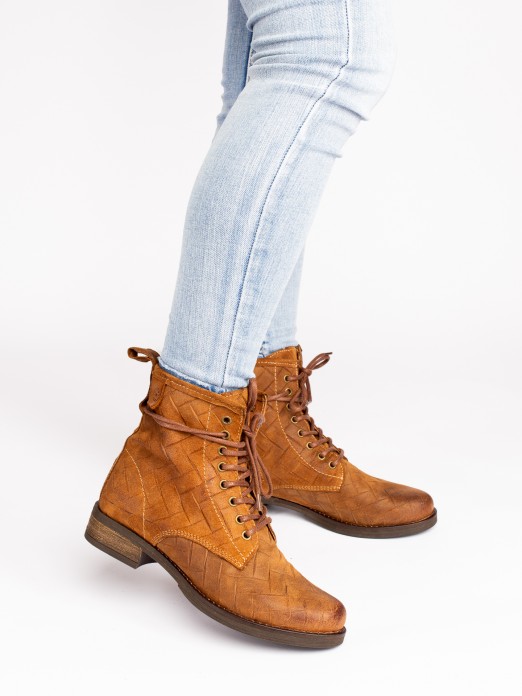 Lace-up Engraved Suede Ankle Boots