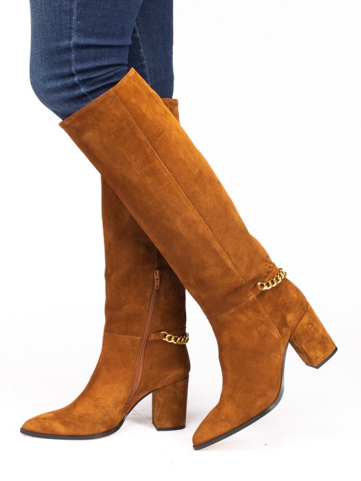 Suede Knee-high Boots with Chain