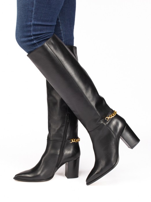 Leather Knee-high Boots with Chain