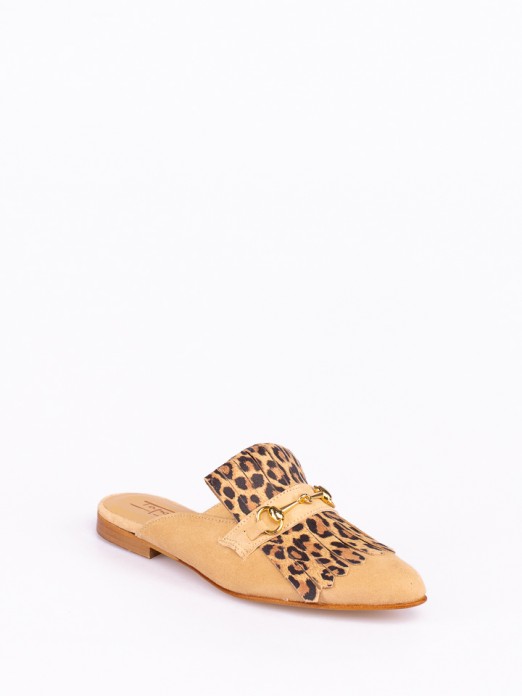 Suede Animal-print Mules with Fringes