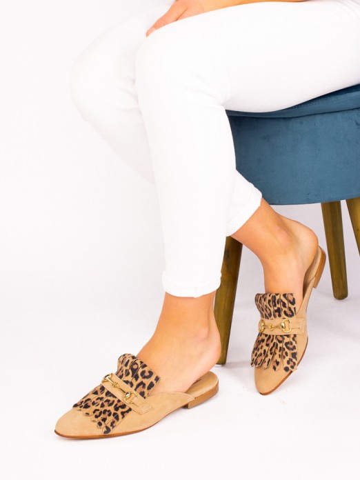 Suede Animal-print Mules with Fringes