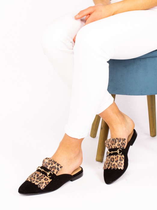 Suede Animal-print Mules with Fringes