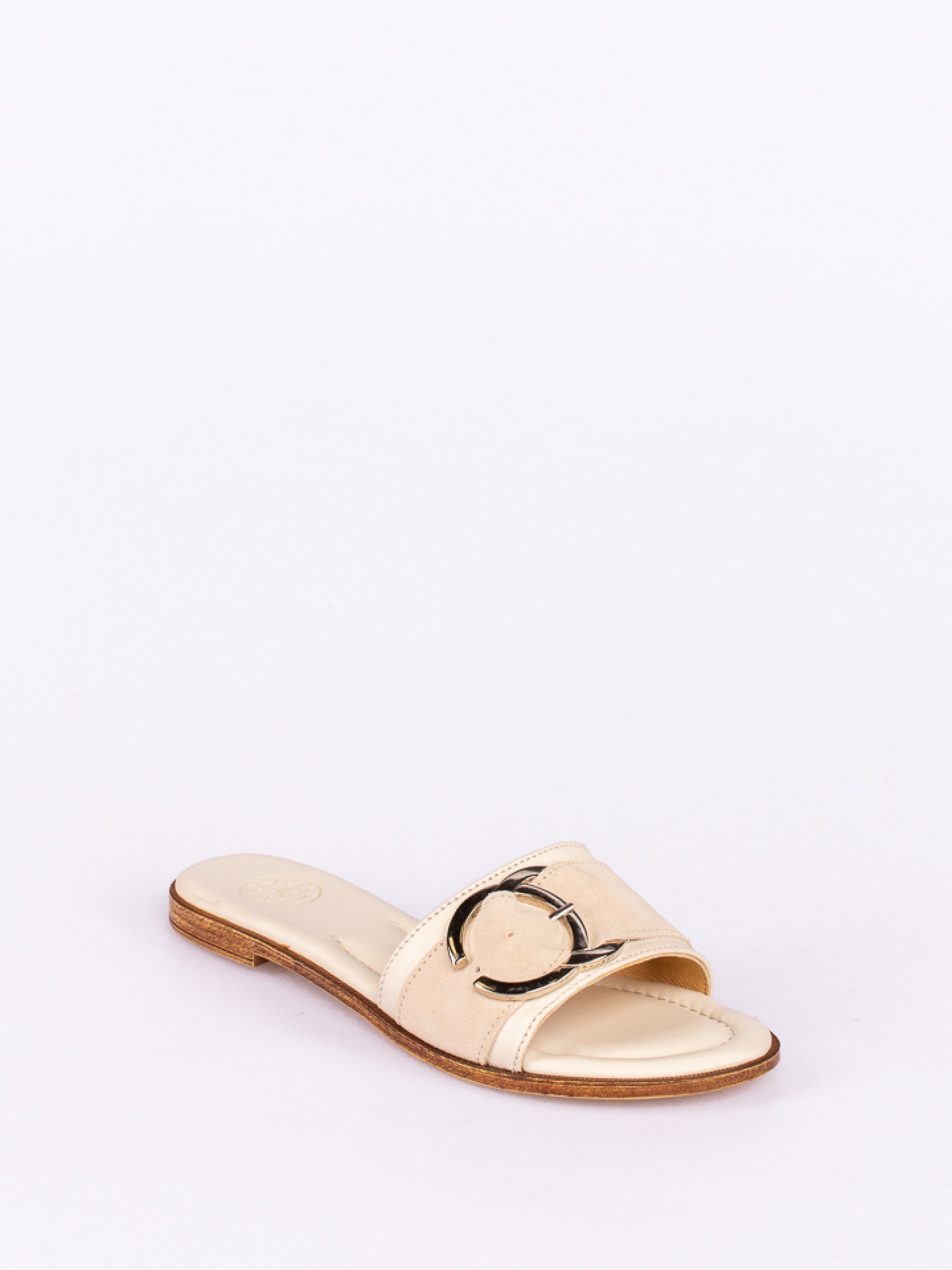 Chinela em Pele e Camurça com Fivela