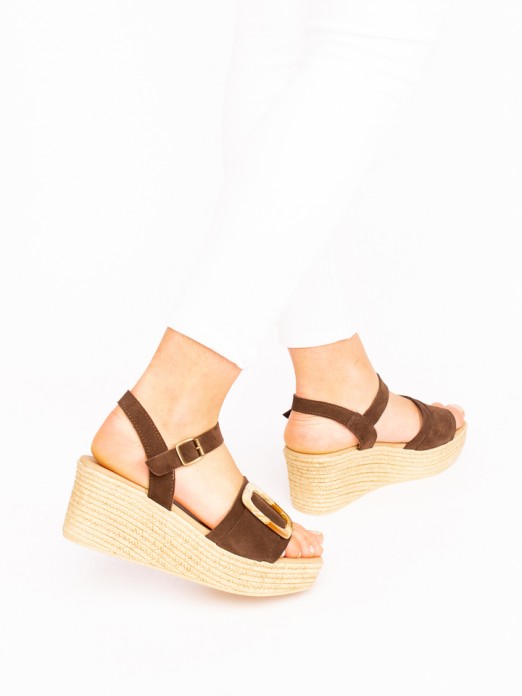 Suede Wedge Sandals with Buckle