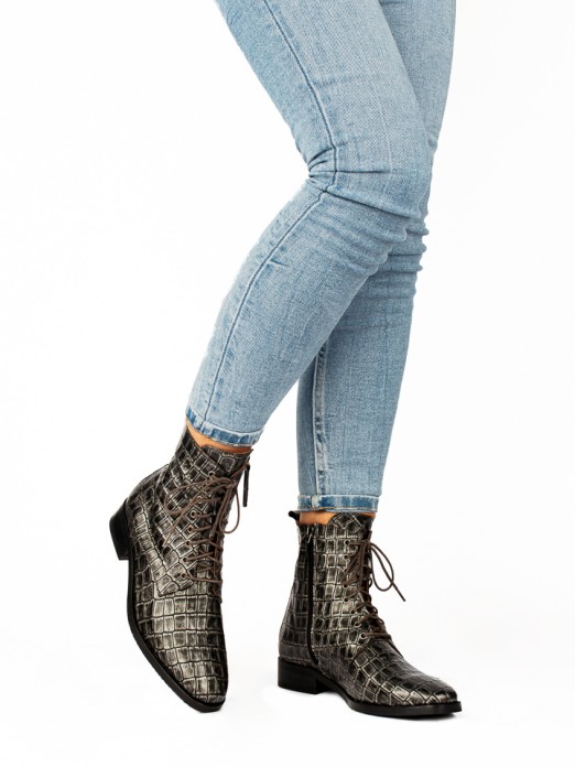 Croco Leather Lace-up Ankle Boots