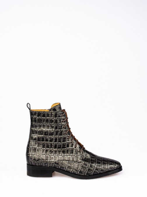 Croco Leather Lace-up Ankle Boots