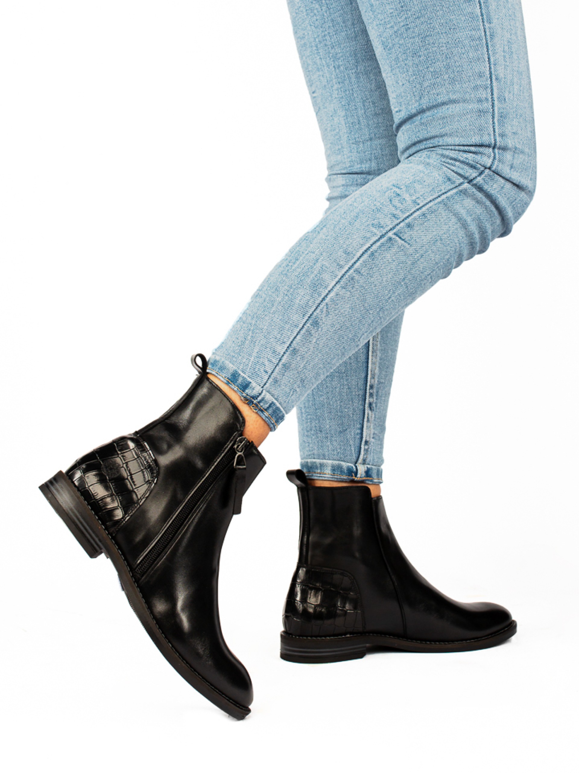 Polished and Croco Leather Ankle Boots