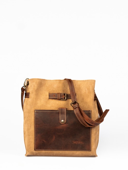 Suede Bag with Leather Pocket and Buckle