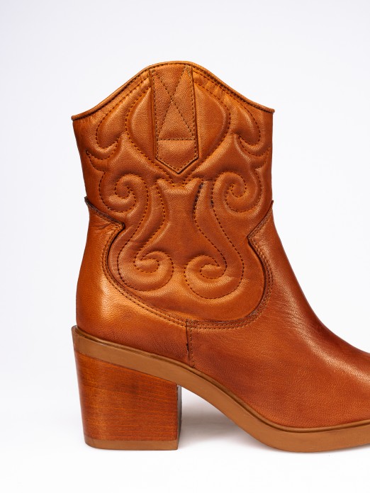 Cowboy Leather Ankle Boot with Embroidered Effect