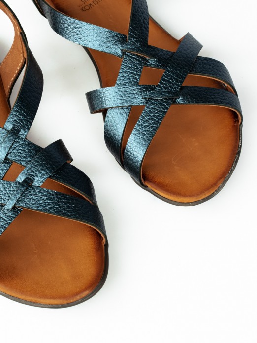 Flat Sandal with Crossed Laminated Leather Straps