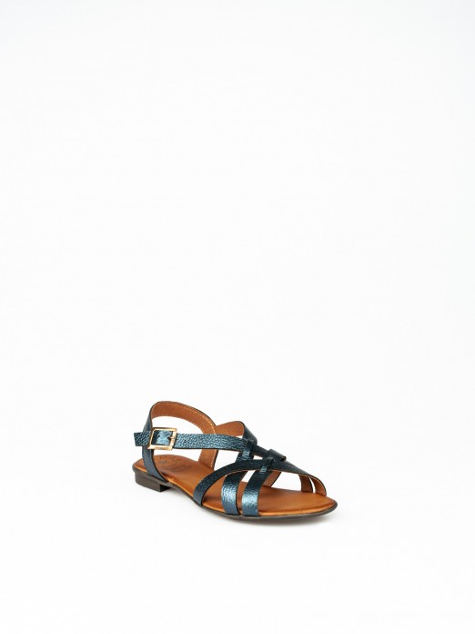 Flat Sandal with Crossed Laminated Leather Straps