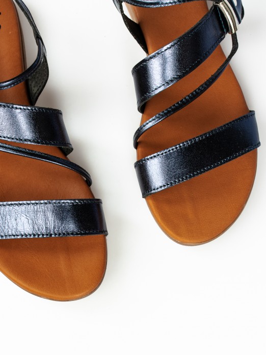 Flat Laminated Leather Sandals with Tubular Strap