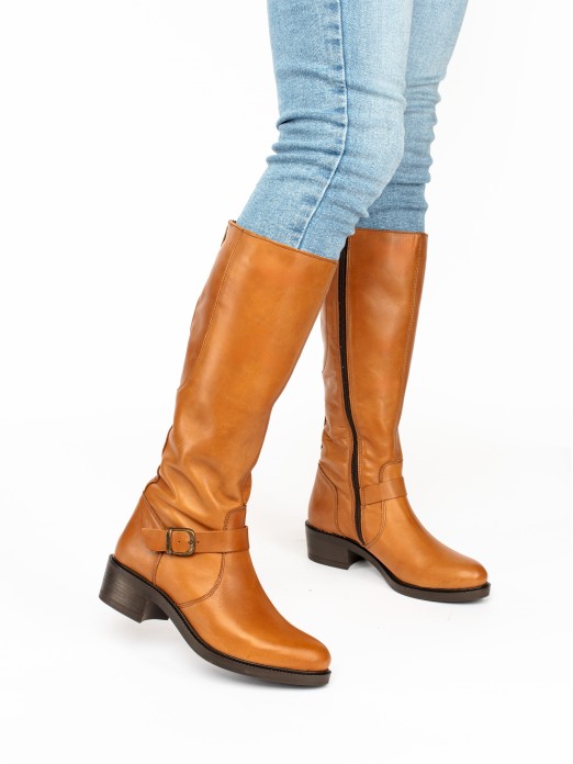 Knee-High Leather Boots with Elastic