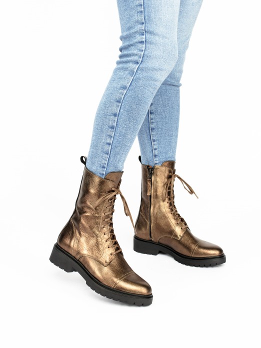 Metallic Leather Militar-Style Ankle Boots