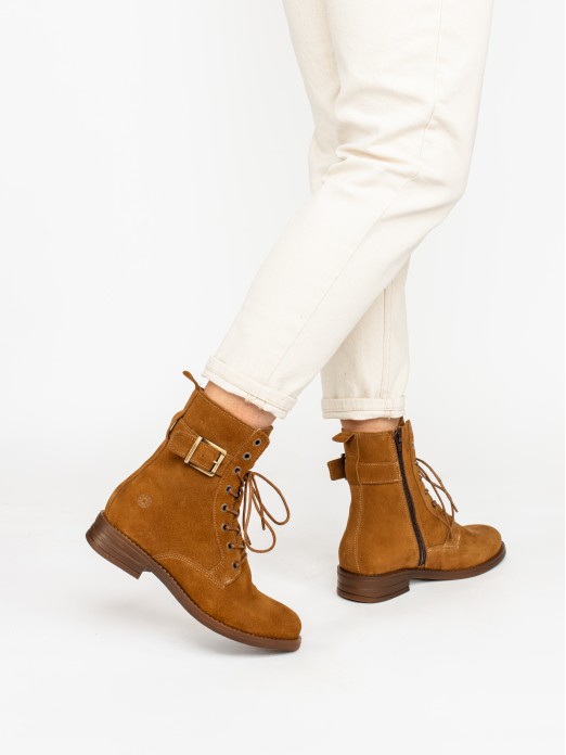 Lace-up Suede Ankle Boots with Buckle