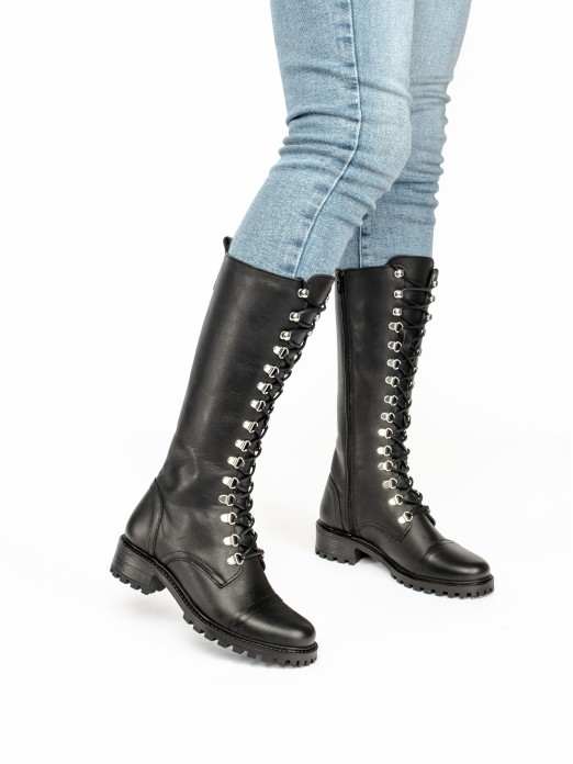 Lace-up Knee-High Leather Boots