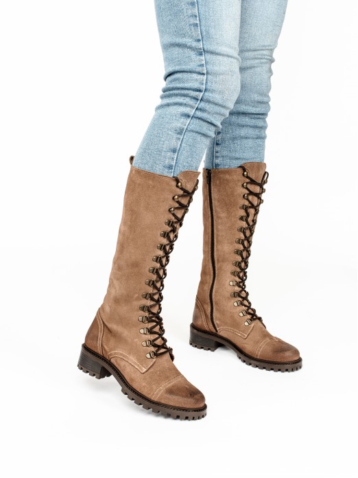 Lace-up Knee-High Suede Boots