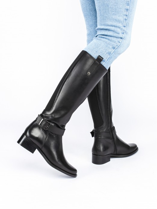 Leather High-Knee Boots with Buckle