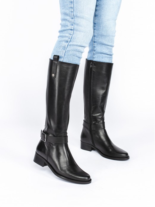 Leather High-Knee Boots with Buckle