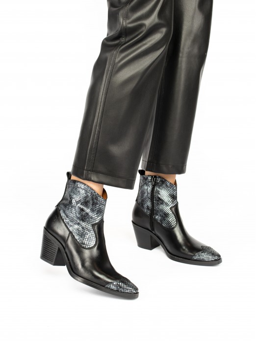 Leather Cowboy Ankle Boots with  Snake effect