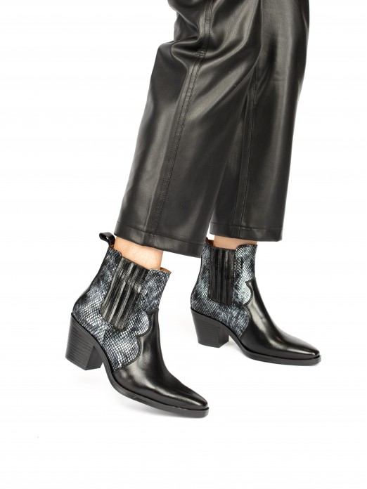 Leather Cowboy Ankle Boots with Snake effect