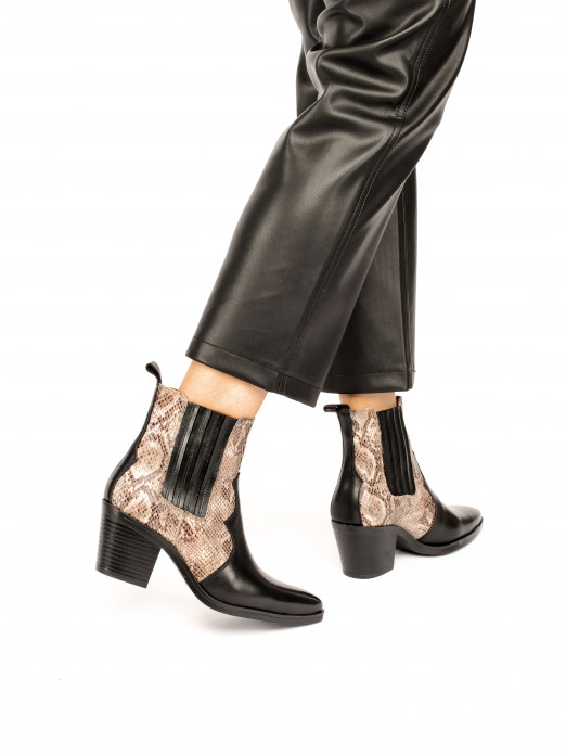 Leather Cowboy Ankle Boots with Snake effect