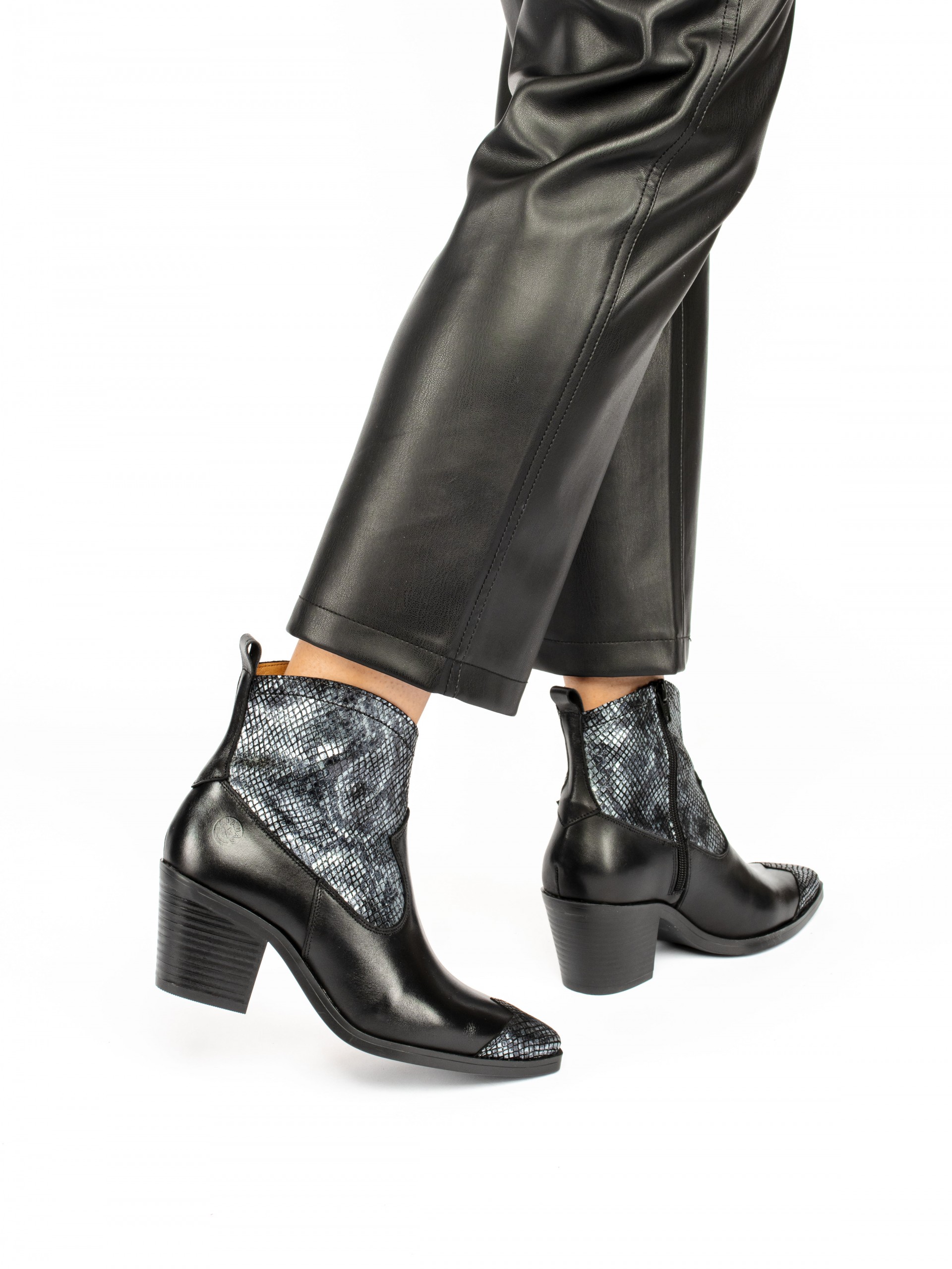 Leather Cowboy Ankle Boots with Snake effect