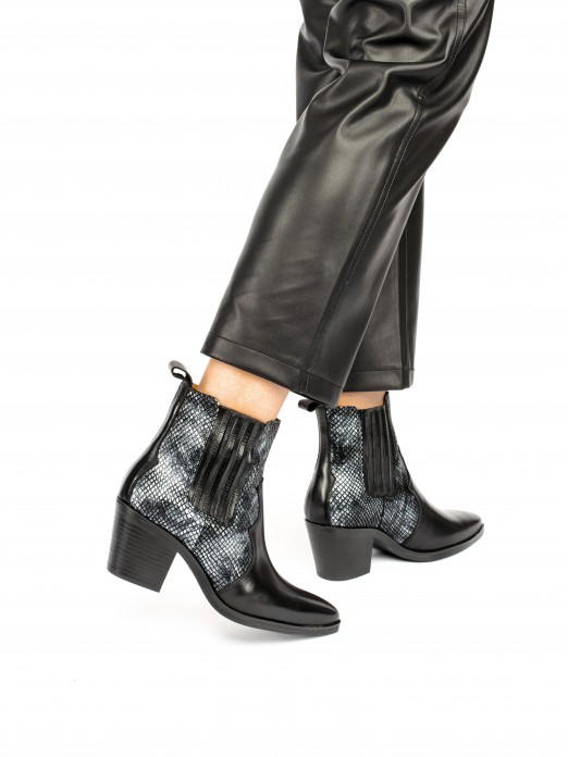 Leather Cowboy Ankle Boots with Snake effect