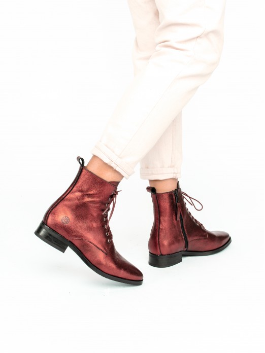 Metallic Leather Lace-up Ankle Boots