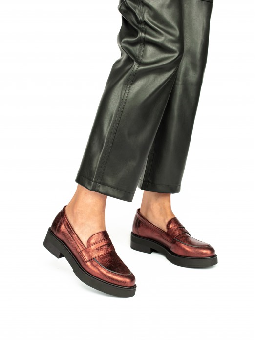 Chunky Heel Loafers in Metallic Leather