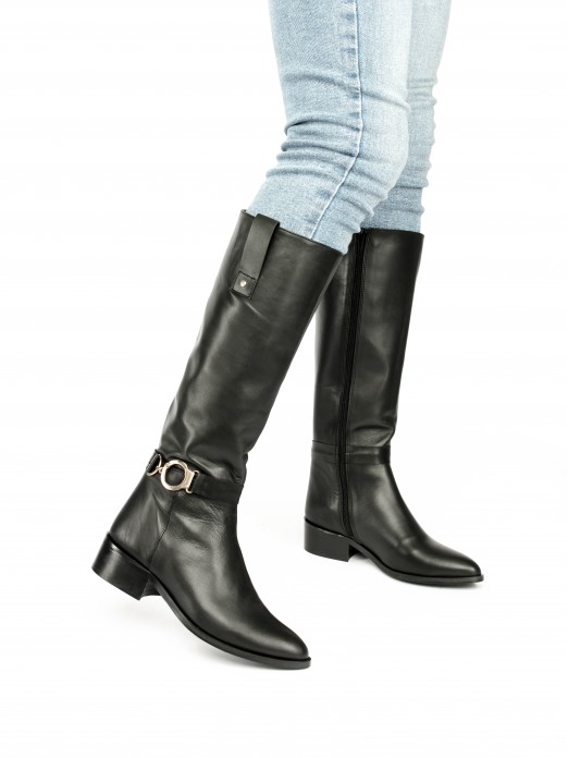 Knee-High Leather Boots with Silver Buckle