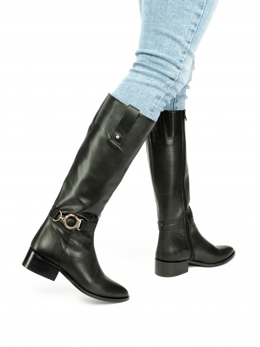 Knee-High Leather Boots with Silver Buckle