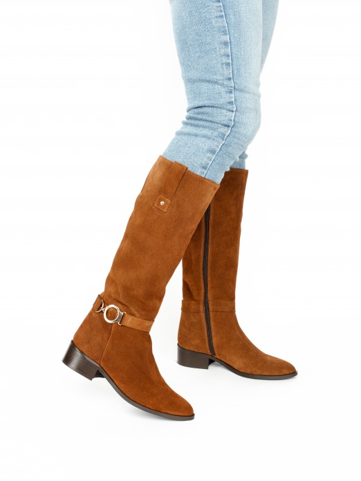 Knee-High Suede Boots with Silver Buckle