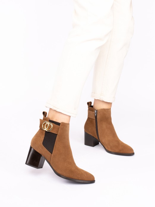 Suede Ankle Boots with side Elastic and Gold detai