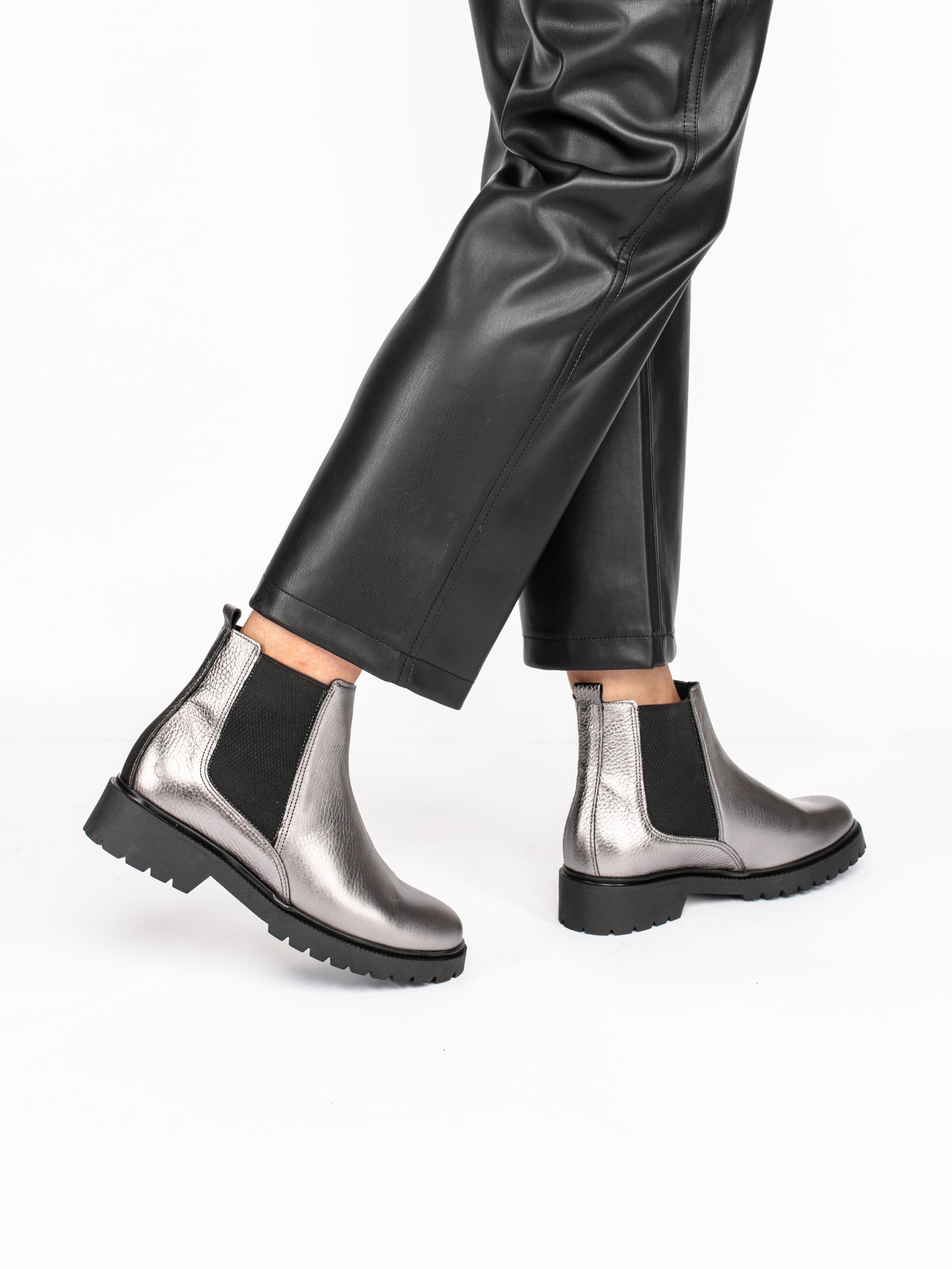 Laminated Leather Ankle Boots with Elastic