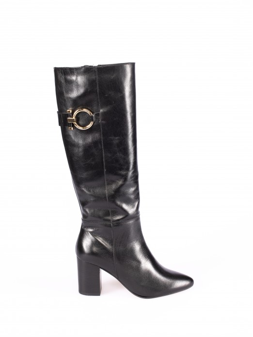 High Heel Knee-High Leather Boots Gold Appliqué