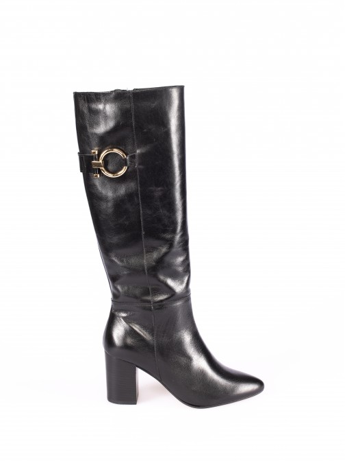 High Heel Knee-High Leather Boots Gold Appliqu