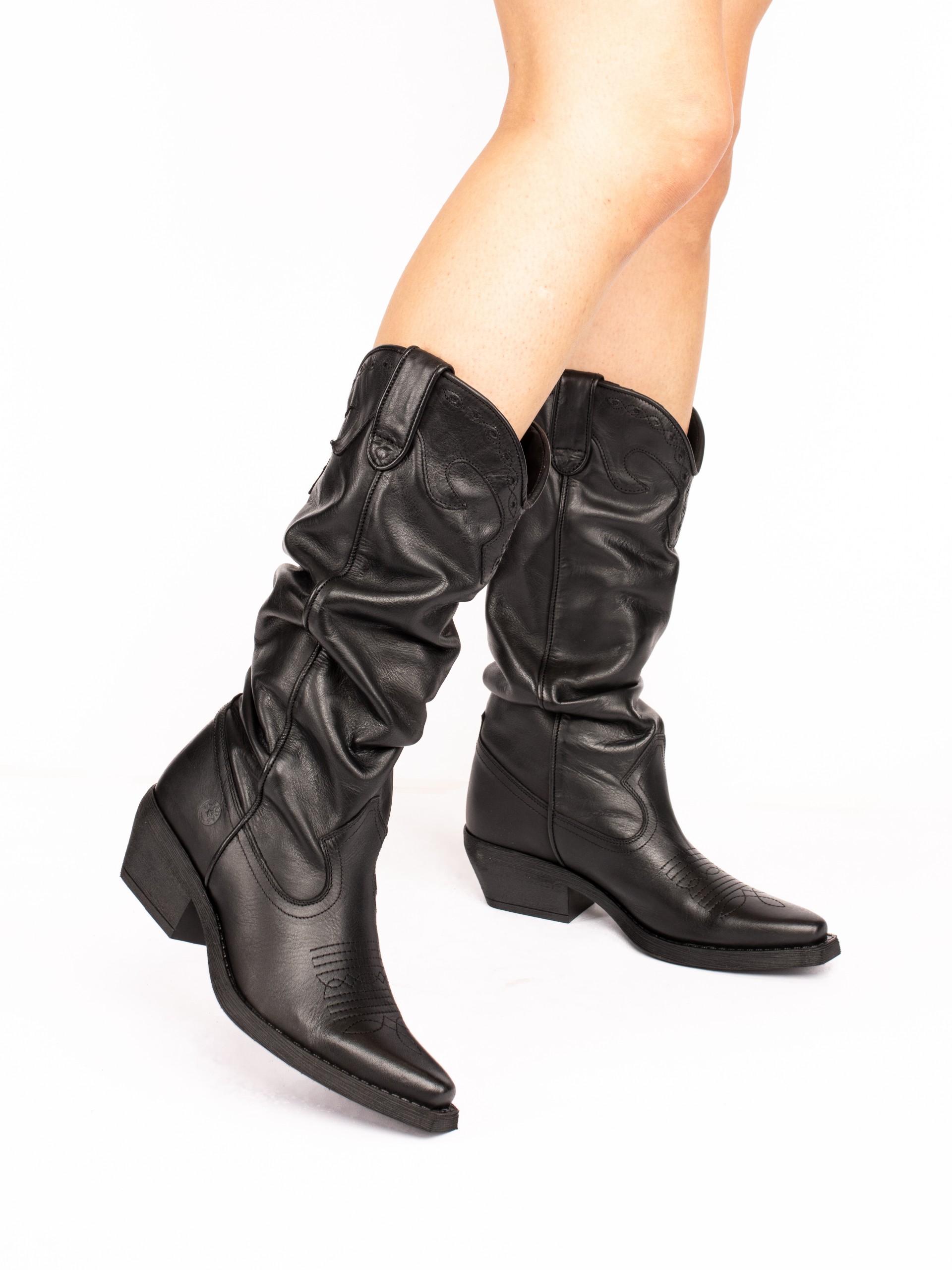 Leather Texan Style Boots with a Folded Effect
