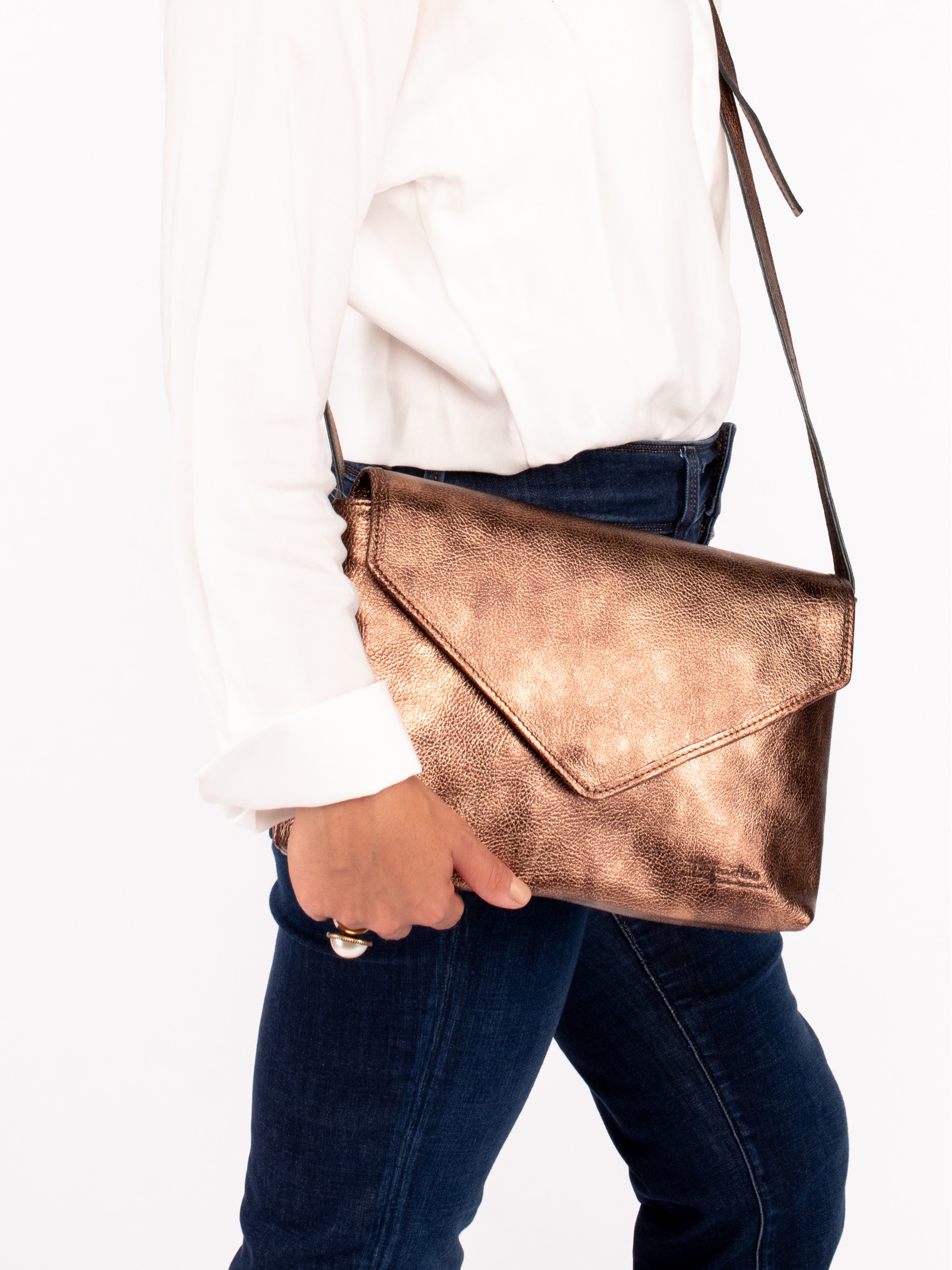 Envelope Shpe Shoulder Bag in Laminated Leather