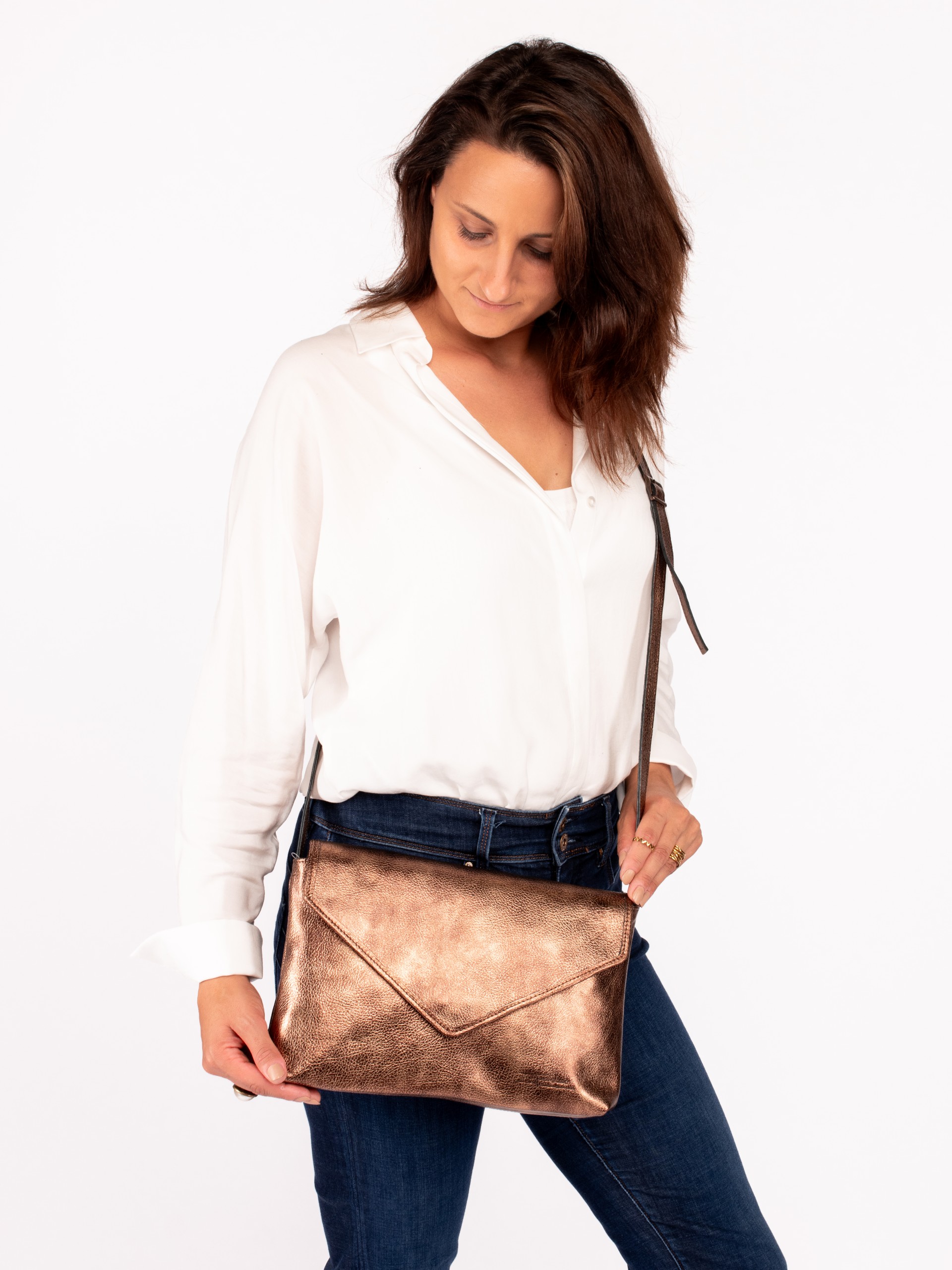 Envelope Shpe Shoulder Bag in Laminated Leather