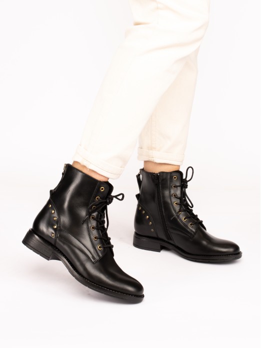 Leather Militar-Style Ankle Boots with Rivets