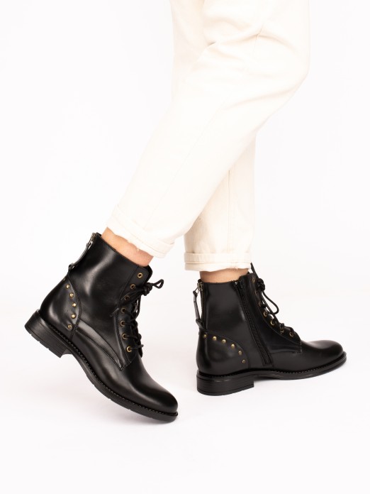 Leather Militar-Style Ankle Boots with Rivets